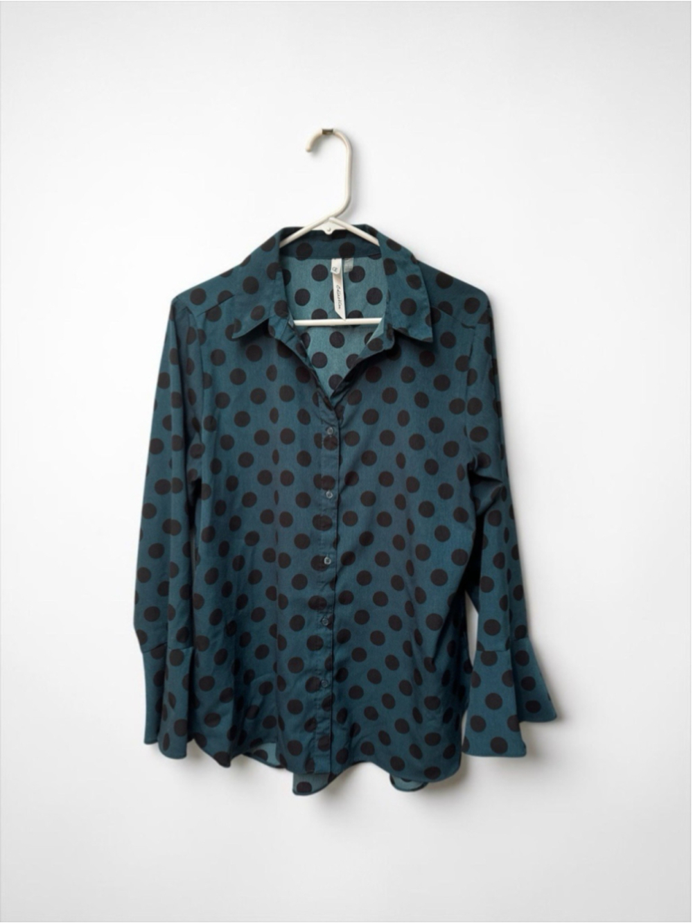 NY Collection Button-down Peasant Blouse Womens Large Green W/ Black Polka Dots